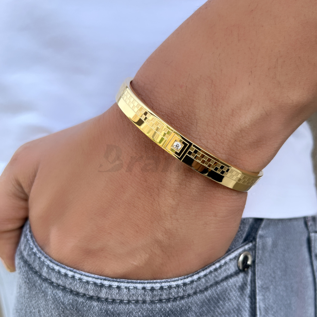 Mens Gold Stainless Steel Franco Link Chain Bracelet With Cubic Zircon